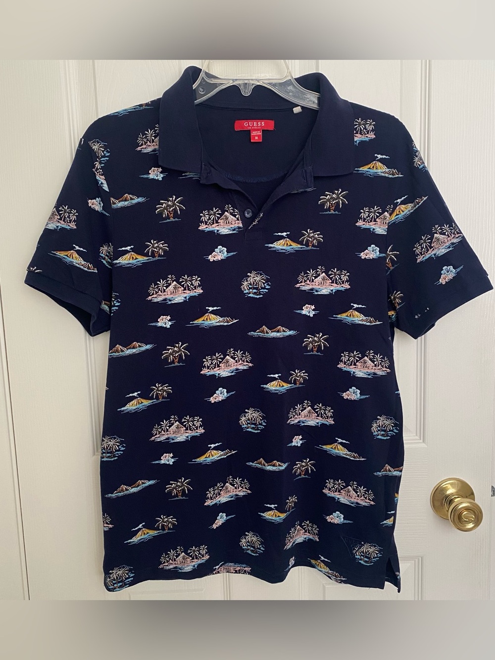 GUESS Navy Tropical-Print Polo Shirt
